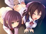 1boy 2girls all_fours ass ass_grab black_hair blush breasts doggystyle duct_tape eyes_closed game_cg green_eyes group_sex highres ichikawa_noa large_breasts long_hair momoiro_renren multiple_girls no_panties open_mouth purple_hair restrained school_uniform sex short_hair small_breasts sweat threesome tied_up vaginal 