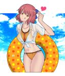 1girl :q alternate_costume bikini blue_sky cloud collarbone commentary_request day hair_between_eyes hair_ribbon highres hirakawa kohaku_(tsukihime) medium_hair melty_blood navel orange_bikini outdoors outside_border red_hair ribbon see-through see-through_shirt shirt sky smile standing swim_ring swimsuit tied_shirt tongue tongue_out tsukihime tsukihime_(remake) type-moon wet wet_clothes wet_shirt white_shirt yellow_eyes 