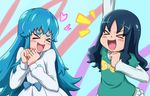  &gt;_&lt; :d akanerun arm_up bad_id bad_pixiv_id blue_hair blue_shirt blush bow closed_eyes color_connection dress happinesscharge_precure! heart heartcatch_precure! kurumi_erika long_hair multiple_girls open_mouth precure shirayuki_hime shirt sidelocks smile trait_connection xd 