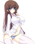  1girl ajikan_(azican) azican blue_eyes breasts brown_hair covered_nipples erect_nipples female highres large_breasts legwear long_hair navel no_bra no_pants original panties shirt simple_background sitting solo striped striped_panties thighhighs underwear white_background white_legwear white_thighhighs 