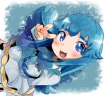  blue_background blue_eyes blue_hair bow bunsuke happinesscharge_precure! highres long_hair precure shirayuki_hime sidelocks skirt smile solo v 