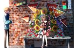  1girl amamiya_hibiya asahina_hiyori black_cat black_hair brick_wall brown_eyes brown_hair cat closed_eyes flower fuppi highres kagerou_project long_hair road_sign rose short_hair sign stuffed_toy sunflower traffic_light twintails 