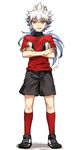  bad_id bad_pixiv_id crossed_arms grin hakuryuu_(inazuma_eleven) inazuma_eleven_(series) inazuma_eleven_go inazuma_eleven_go_galaxy jaenbba long_hair looking_at_viewer male_focus multicolored_hair ponytail red_eyes resistance_japan signature smile soccer_uniform solo sportswear standing two-tone_hair white_background 