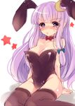  alternate_costume animal_ears bare_shoulders black_legwear blush bow bowtie breasts bunny_ears bunnysuit choker cleavage crescent crescent_hair_ornament hair_bow hair_ornament large_breasts paragasu_(parags112) patchouli_knowledge purple_eyes purple_hair sketch solo star thighhighs touhou 