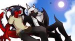  black_scales blue_eyes blue_hair dragon duo gay hair male maxxy mcbain red_eyes red_scales relight sky white_hair wings 