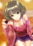  blue_eyes breasts camisole chocolate cleavage feeding fringe_trim green_eyes green_hair heterochromia idolmaster idolmaster_cinderella_girls infinote jacket jewelry leaning_forward light_smile medium_breasts miniskirt mole mole_under_eye necklace pov_feeding skirt strapless takagaki_kaede 