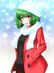  alternate_costume green_hair hands_in_pockets hane_(hanegoya) hat jacket kazami_yuuka looking_at_viewer open_clothes open_jacket open_mouth red_eyes scarf shirt skirt smile snowing solo touhou winter_clothes 