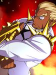  blonde_hair chikuishi dark_skin dark_skinned_male gamagoori_ira kill_la_kill male_focus school_uniform solo spikes vambraces 