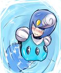  arms_behind_back bad_id bad_tumblr_id blue_eyes blush breasts covered_nipples grandmastag helmet highres large_breasts mermaid monster_girl partially_submerged rockman rockman_(classic) rockman_9 solo splash_woman 