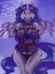  &lt;3 ? blue_hair bound breasts cleavage clothed clothing collar corset cutie_mark ear_piercing english_text equine feathers female freckles fur hair horn horse leash lingerie long_hair looking_at_viewer mammal moonbrush_(mlp) my_little_pony original_character panties phathusa piercing pony pubes purple_eyes purple_feathers purple_fur purple_hair rope smile solo standing text thighs underwear wide_hips winged_unicorn wings 