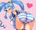  ass bad_id bad_pixiv_id blue_eyes blue_hair blush crown cure_princess happinesscharge_precure! heart long_hair looking_at_viewer looking_back magical_girl nikobun one_eye_closed panties precure shirayuki_hime solo striped striped_panties twintails underwear 