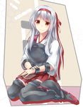  black_legwear blush book boots hairband highres japanese_clothes kantai_collection long_hair muneate red_eyes shoukaku_(kantai_collection) silver_hair sitting skirt smile solo thigh_boots thighhighs wariza yukiru_akitera 