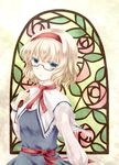  alice_margatroid bespectacled blonde_hair blue_eyes glasses hairband kai_aki short_hair solo stained_glass touhou 