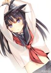  aihara_shouta akatsuki_(kantai_collection) black_hair hat kantai_collection long_hair looking_at_viewer md5_mismatch navel parted_lips school_uniform serafuku solo 