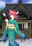  alternate_costume alternate_hairstyle animal_ears arrow bell blush braid cat_ears cat_tail ema extra_ears hair_rings hamaya isaki_(gomi) japanese_clothes jingle_bell kaenbyou_rin kimono looking_at_viewer multiple_tails pointy_ears red_eyes red_hair shrine smile solo tail touhou twin_braids 