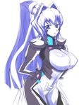  bad_id bad_pixiv_id blue_eyes blue_hair bodysuit breasts grandmastag highres huge_breasts impossible_clothes long_hair mitsurugi_meiya muvluv muvluv_alternative pilot_suit ponytail skin_tight solo 