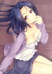  absurdres blazer blue_hair breasts cleavage couch highres idolmaster idolmaster_(classic) jacket k.y_ko looking_at_viewer lying medium_breasts miura_azusa on_back pinky_out purple_eyes scan short_hair sideways skirt smile solo 