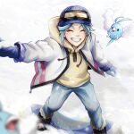  1boy absurdres aqua_hair beanie blue_hat blurry blurry_foreground boots closed_eyes day eyelashes goggles grin grusha_(pokemon) happy hat highres hood hoodie jacket male_focus max_art149 mittens mixed-language_commentary open_clothes open_jacket outdoors pants pokemon pokemon_(creature) pokemon_sv smile snow snowboard snowboarding standing swablu teeth yellow_hoodie 