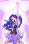  arm_up arm_warmers boots clenched_hands cure_fortune happinesscharge_precure! highres hikawa_iona kurotsuki_usagi long_hair magical_girl necktie open_mouth ponytail precure purple_eyes purple_hair purple_skirt raised_fist skirt solo star thigh_boots thighhighs zettai_ryouiki 
