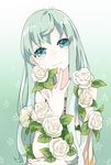  aqua_eyes bad_id bad_pixiv_id flower green_hair highres long_hair maruneko nail_polish original rose smile solo white_flower white_rose 