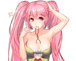  adjusting_hair armpits blush breasts cleavage eighth_note iltusa large_breasts long_hair mouth_hold musical_note original pink_eyes pink_hair simple_background smile solo twintails upper_body white_background 