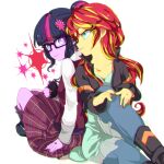  2girls aqua_eyes blonde_hair colored_skin commentary_request crystal_prep_academy_school_uniform glasses hair_bun hair_ornament holding long_hair multicolored_hair multiple_girls my_little_pony my_little_pony:_equestria_girls my_little_pony:_friendship_is_magic object_request orange_skin personification plaid_clothes plaid_skirt purple_eyes purple_hair purple_skin red_hair school_uniform sci-twi shokushu_no_iru_seikatsu single_hair_bun sitting skirt smile sparkle streaked_hair sunset_shimmer sunset_shimmer_(human) twilight_sparkle white_background 