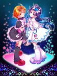  belt black_eyes black_footwear black_hair blue_background boots bow brown_eyes brown_hair cure_black cure_white fingerless_gloves frills full_body futari_wa_precure gloves hair_bow heart holding_hands knee_boots leg_warmers long_hair magical_girl misumi_nagisa multiple_girls precure ribbon short_hair smile star white_footwear yk yukishiro_honoka 