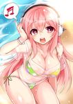  beach bikini bikini_under_clothes breasts cleavage headphones large_breasts long_hair musical_note nitroplus open_mouth paragasu_(parags112) pink_eyes pink_hair side-tie_bikini solo super_sonico swimsuit swimsuit_under_clothes 