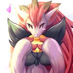  breasts canine cute eating eyes_closed female fox hair happy mammal nintendo plain_background pok&#233;mon pok&eacute;mon red_hair ushioppoi video_games zoroark 