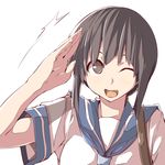  brown_eyes brown_hair fubuki_(kantai_collection) kamukamu_(ars) kantai_collection looking_at_viewer one_eye_closed open_mouth salute solo 