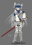  armor armored_dress blue_eyes grey_hair helmet jane_mere log_horizon long_hair reinesia_el_arte_cowen solo sword valkyrie weapon winged_helmet 