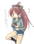  against_wall ahoge bad_id bad_pixiv_id commentary_request eating food food_in_mouth hair_ribbon hood hoodie kyabechi long_hair mahou_shoujo_madoka_magica midriff navel open_mouth pocky ponytail red_eyes red_hair ribbon sakura_kyouko shorts simple_background solo sweat translation_request white_background 
