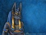  anthro anubis big_ears blue_background blue_hair bracelet canine dark_natasha deity dreadlocks face_paint gold hair jackal jewelry male mammal mixed_media necklace nipples piercing plain_background portrait solo yellow_eyes 