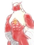  abs anthro avian biceps blaziken blue_eyes looking_at_viewer male muscles nintendo nude open_mouth pecs plain_background pok&#233;mon pok&eacute;mon pose red_body ryuukikeito solo standing video_games 