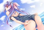  adjusting_clothes adjusting_swimsuit antennae ass back bad_anatomy bent_over blue_sky cloud creek_(moon-sky) day hair_ribbon i-19_(kantai_collection) kantai_collection long_hair looking_at_viewer looking_back off_shoulder one-piece_swimsuit purple_hair red_eyes ribbon school_swimsuit sky solo swimsuit swimsuit_pull twintails very_long_hair water 