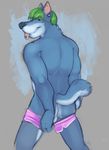  balls butt canine clothing ear_piercing flashing horrorbuns looking_at_viewer looking_back male mammal pants pants_down piercing shorts solo standing tongue tongue_piercing topless undressing wolf 