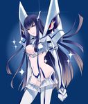  armor bad_id bad_pixiv_id black_hair blue_background blue_eyes breasts cleavage gloves junketsu kill_la_kill kiryuuin_satsuki long_hair medium_breasts revealing_clothes solo thighhighs thong white_legwear yuu_chitose 