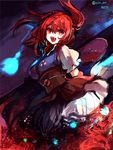  :o artist_name breasts cis_(carcharias) coin dithering dress fangs flower hair_bobbles hair_ornament large_breasts light_particles looking_at_viewer obi onozuka_komachi open_mouth puffy_sleeves red_eyes red_hair sash scythe short_hair smile solo spider_lily timestamp tongue touhou two_side_up 