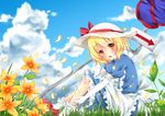  apron blonde_hair blue_dress blue_sky cloud day dress elbow_gloves flower gloves grass hat hat_ribbon highres kana_anaberal looking_at_viewer miy@ open_mouth outdoors puffy_sleeves ribbon road_sign short_sleeves sign sitting sky solo touhou touhou_(pc-98) white_background yellow_eyes 