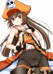  belt black_legwear blush breasts brown_hair crotch_seam fingerless_gloves gloves guilty_gear hat long_hair may_(guilty_gear) navel nipples orange_eyes orange_hat orange_shirt pants_pull pantyhose pinky_out pirate_hat ponkotsu sailor_collar shirt shirt_lift skull_and_crossbones small_breasts solo undressing 