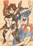  alex_ahad bare_shoulders black_hair blue_eyes blue_hair boots breasts crossover detached_sleeves elbow_gloves gloves high_heel_boots high_heels horns kill_la_kill large_breasts leviathan_(skullgirls) long_skirt marker_(medium) matoi_ryuuko microskirt midriff multicolored_hair multiple_girls navel no_shoes red_eyes red_hair revealing_clothes scissor_blade senketsu short_hair showgirl_skirt side_ponytail signature skirt skull skullgirls squigly_(skullgirls) stitched_mouth stitches striped striped_legwear striped_sleeves symbol-shaped_pupils thigh_boots thighhighs traditional_media two-tone_hair underboob zombie 