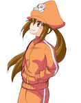  brown_eyes brown_hair casual guilty_gear hands_in_pockets hat long_hair may_(guilty_gear) orange_hat orange_shirt pirate_hat ponkotsu ponytail shirt smile solo track_suit 