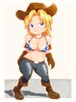  1girl american_flag_bikini bikini blonde_hair blue_eyes boots breasts chibi cow_girl cowboy_hat cowgirl dead_or_alive denim flag_print fringe gloves hat jeans jewelry large_breasts necklace pants short_hair solo swimsuit tina_armstrong western 