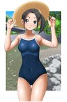  black_eyes black_hair competition_school_swimsuit hair_bobbles hair_ornament hat k_kokyo10 one-piece_swimsuit original school_swimsuit short_hair side_ponytail sun_hat swimsuit 