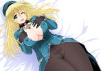  atago_(kantai_collection) bed black_legwear blonde_hair breasts cleavage covered_nipples crotch_seam green_eyes hat huge_breasts kantai_collection long_hair looking_at_viewer lying on_back one_eye_closed pantyhose smile solo yamaguchi_homupe 