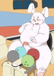  big_penis black_nose blush bowling bowling_ball chest_tuft chubby erection eyebrows fur hindpaw humanoid_penis inside kemono lagomorph male mammal moobs navel nipples open_mouth overweight pawpads paws penis pixiv rabbit red_eyes sitting solo thick_penis tongue tuft white_fur 