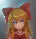  bai_yemeng blonde_hair blue_eyes bow close-up doll face hair_bow head_tilt highres light_smile long_hair looking_at_viewer portrait revision ringed_eyes shanghai_doll solo touhou 