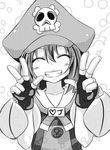  ^_^ blush closed_eyes double_v fang fingerless_gloves gloves greyscale grin guilty_gear long_hair may_(guilty_gear) monochrome ponkotsu screentones smile solo v 