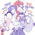  2boys ass blue_hair carrying_over_shoulder carrying_under_arm character_name ekubo_(ciaobero) goggles goggles_on_head kamina long_hair multiple_boys ponytail red_hair sarashi shirtless short_shorts shorts simon tattoo tengen_toppa_gurren_lagann thighhighs yoko_littner 