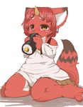  blush canine chipar clothing eating eyebrows female food fur hair horn mammal plain_background raised_tail red_hair short_hair sitting skirt solo suggestive suggestive_food sushi tears white_background white_fur yellow_eyes 